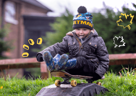 Artwork for the Active Bradford: Join Us: Move Play campaign, that shows a photograph of a young boy outside, sitting on a skateboard, surrounded by illustrated leaves.