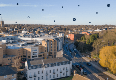 Artwork for the Hertfordshire County Council: Let’s clear the air campaign. That shows a photo of Hockerill Junction overlaid with illustrated particles of air pollution.