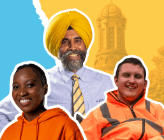 Campaign artwork Bradford for Everyone: Shared values. Collaged photographs of three people on a bright torn paper background.