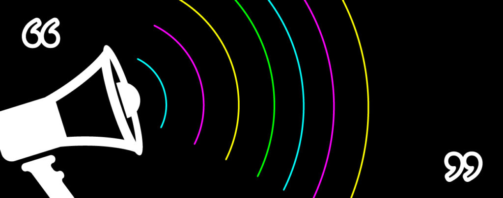 Image of megaphone projecting multicoloured sound waves.
