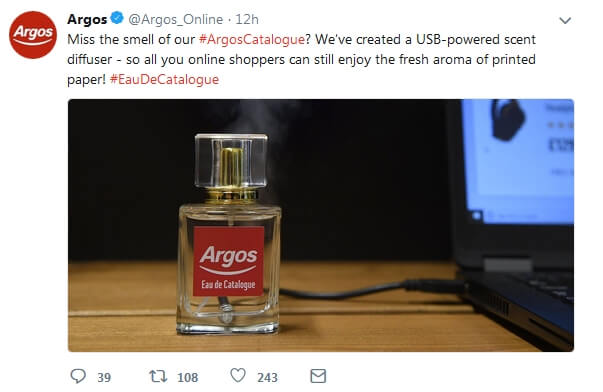 Image of perfume bottle with the Argos logo on it.
