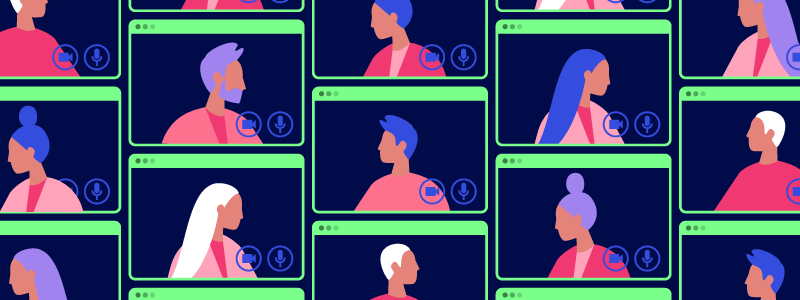 Illustration of many screens with one person displayed on each screen