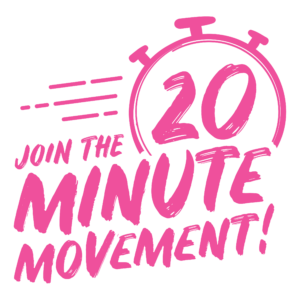 Pink 20 minute movement logo showing a stopwatch with the number 20