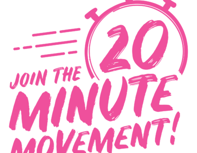 Pink 20 minute movement logo showing a stopwatch with the number 20
