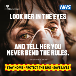 Government Covid campaign poster featuring one woman and two men aged around 65 all wearing oxygen masks. Text reads Look them in the eyes and them you have never bent the rules