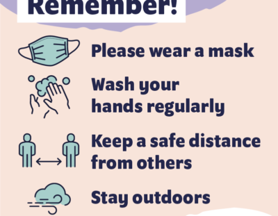 Barnsley Covid messages - wear a mask, wash your hands regularly, keep a safe distance from others and stay outdoors