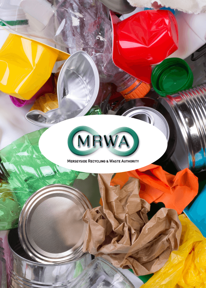 image of mrwa logo on the backdrop of lots of household recycling