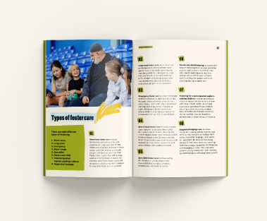 Printed foster carers' guide for the 'Join the Fostering Family' fostering recruitment campaign.