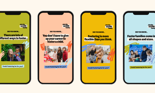 Digital ad mockups for the 'Join the Fostering Family' fostering recruitment campaign.