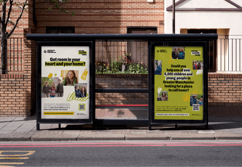 Two bus stop posters for the 'Join the Fostering Family' fostering recruitment campaign.