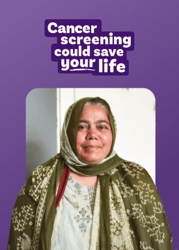 Image of a lady from Bradford with the logo 'Cancer Screening could save your life' above it