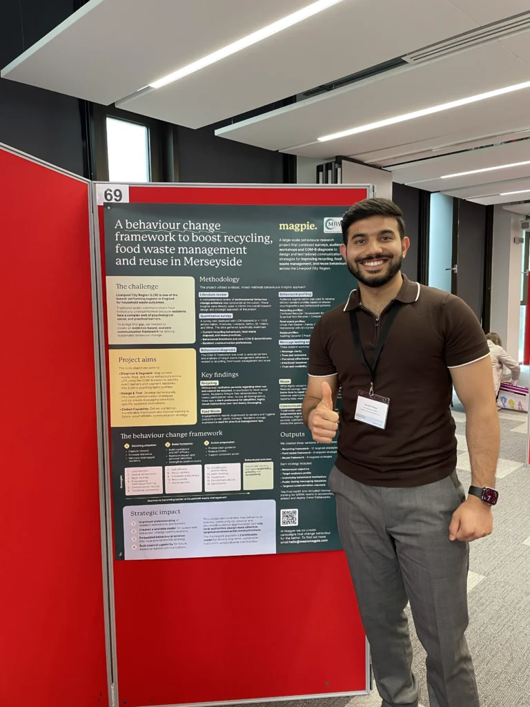 Behavioural Research UK Conference 2026 – Saransh Ahuja with Magpie's award-winning behaviour change poster in the Environment & Sustainability category.