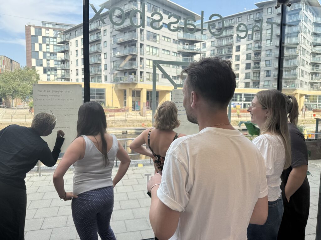 A group of 5 colleagues facing a glass window writing on posters. 